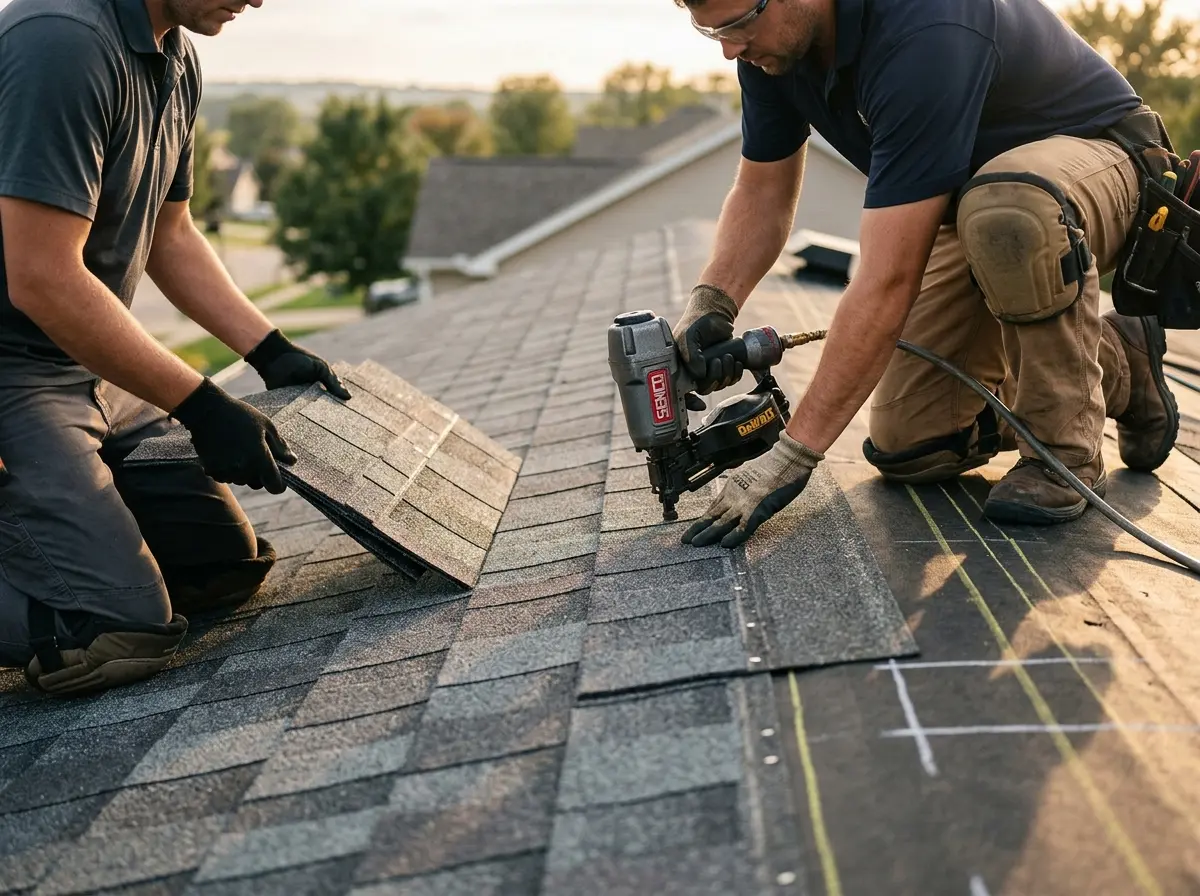 Professional roofer working on a residential roof in Cape St. Claire